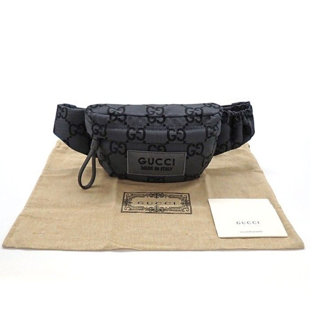 Gucci Belt Bag Large Facpm 1246 Dark Grey Black GG Nylon Leather Silver - Picture 10 of 10